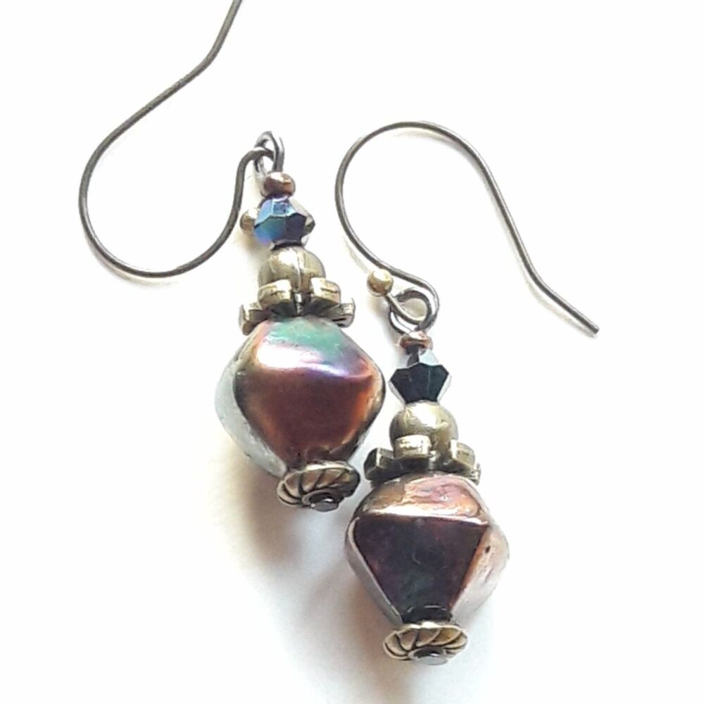 Brown Glass Antique Bronze Hooks Hidden Meaning earrings Vamp Romantic , E  489■